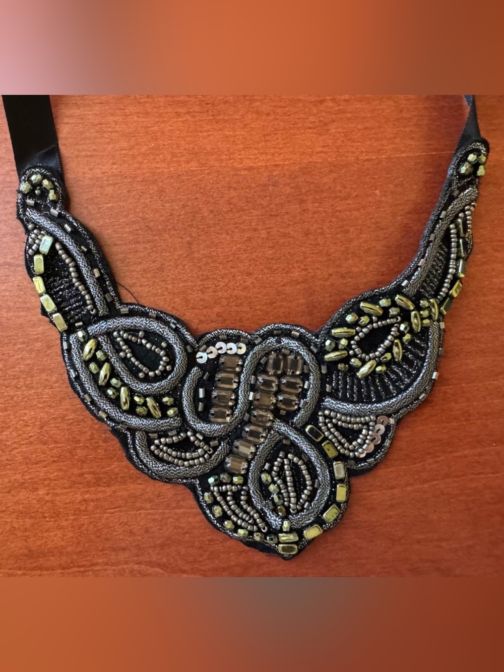 VTG 1920s Art Deco Beaded Tiara Headband Black Satin Ribbon Necklace